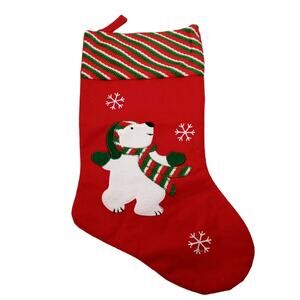 Whimsical Polar Bear Christmas Stocking Red Green White Snowflakes Holiday Decor